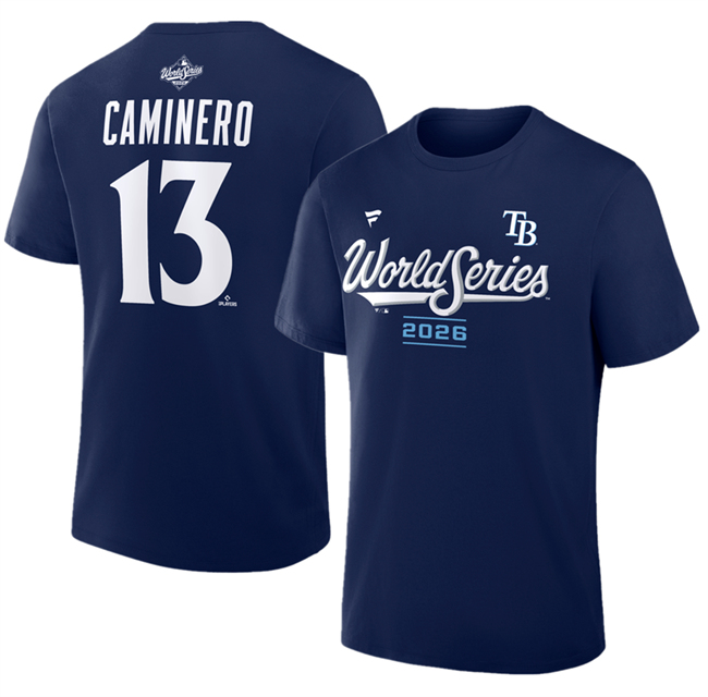 Men's Navy Tampa Bay Rays #13 Junior Caminero 2026 World Series Big & Tall Name & Number T-Shirt